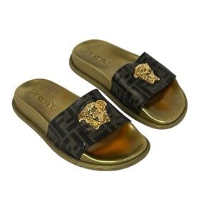 VERSACE x FENDI FENDACE Size EU 35 Slip On Pool Slide Vitello Calf Leather Gold